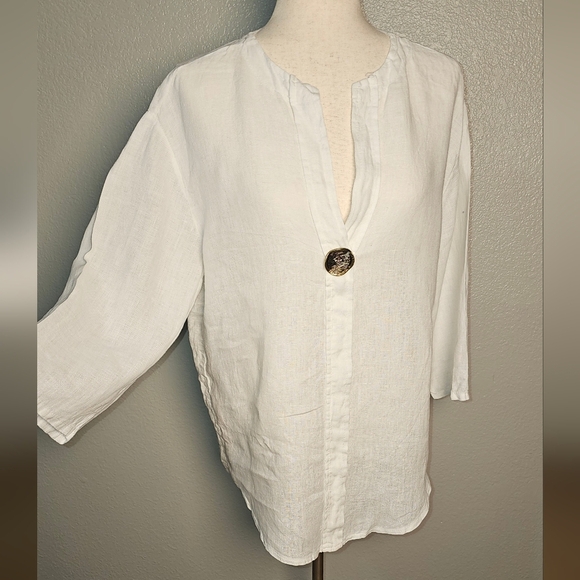 Vintage Made in Italy 100% Linen Y & H Moda, White Tunic with Bronze Button L - Picture 3 of 9